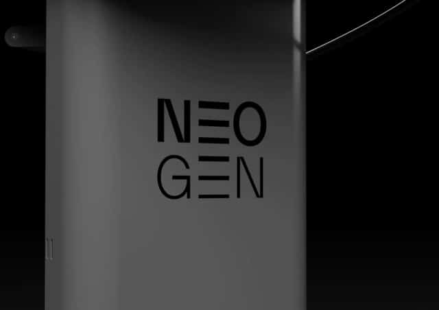 Close-up of the NeoGen device body and logo against a dark background
