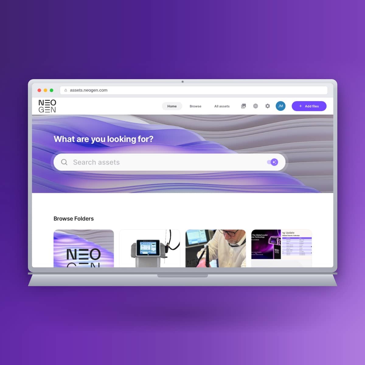 The NeoGen DASH asset portal open on a MacBook, showing its search bar and asset folders