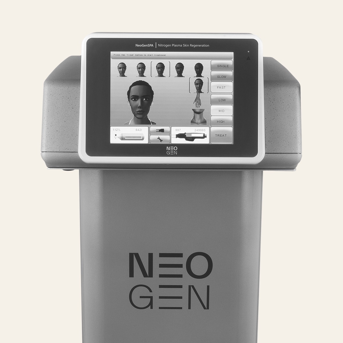 NeoGen SPA plasma device with its touchscreen console, seen from the front