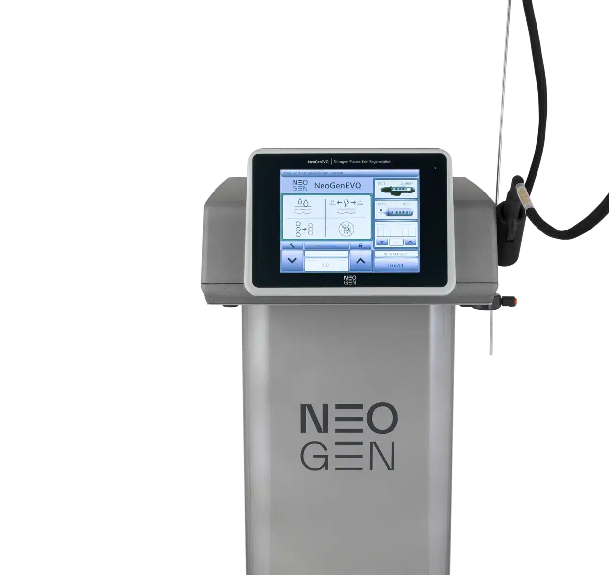 NeoGen EVO device with its touchscreen console and handpiece cable