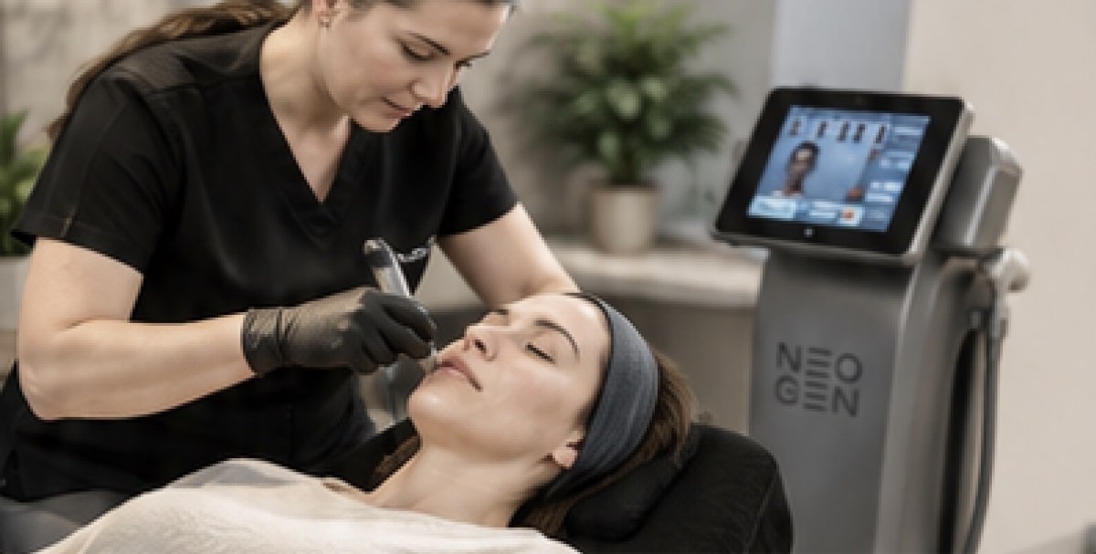 Practitioner treating a woman's face with a NeoGen handpiece, the EVO console behind her